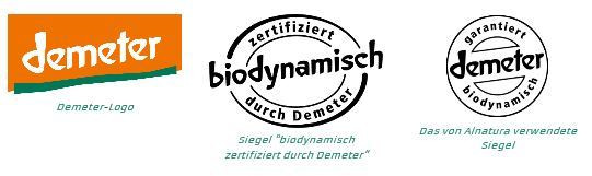 links-das-label-der-demeter-marke-rechts-zwei-sie-demeter-ev-200714_download Links das Label der Demeter-Marke, rechts zwei Siegel für von Demeter zertifizierte biodynamische Produkte.