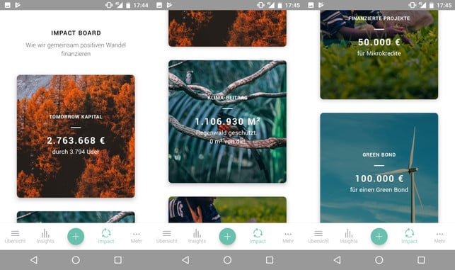 Tomorrow App 3 Screenshots nebeneinander: die Tomorrow-App zeigt den Impact des Geldes
