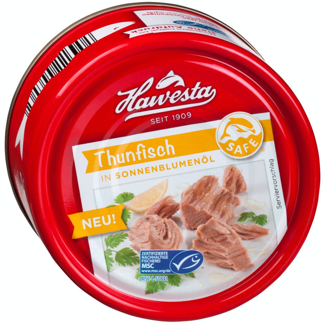 Beispiel für einen Dosen-Thunfisch mit MSC- und Dolphin-Safe-Zeichen Beispiel für einen Dosen-Thunfisch mit MSC- und Dolphin-Safe-Zeichen