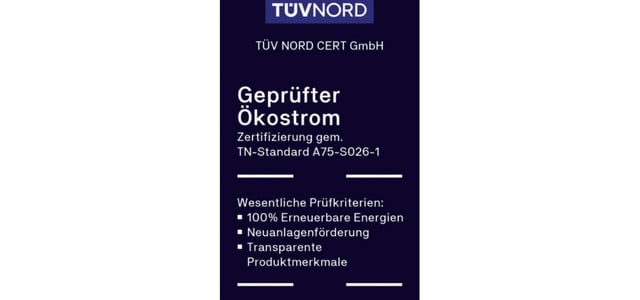 TÜV-NORD-Siegel „Geprüfter Ökostrom“ A75-S026-1