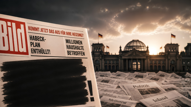 Hezhammer-Langdock Zeitungsausgabe der Bild mit der Schlagzeile „Kommt jetzt das Aus für Ihre Heizung? Habeck-Plan enthüllt! Millionen Haushalte betroffen“ vor dem Berliner Reichstagsgebäude bei Sonnenuntergang, im Vordergrund weitere Zeitungen mit den Überschriften „Politik“, „Meinung“ und „Inland“.