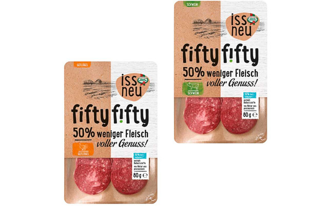 Die Verpackung der Salami Die fifty-f!ftiy Salami wird es ab Freitag, 14. Januar als Aktion-Angebot bei Aldi geben.