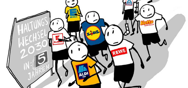 Strichmännchen mit T-Shirts der Supermarktketten Kaufland, Edeka, Lidl, Aldi Süd, Rewe, Aldi Nord, Netto und Penny schauen besorgt auf ein Schild mit der Aufschrift „Haltungswechsel 2030 in: 5 Jahren“.