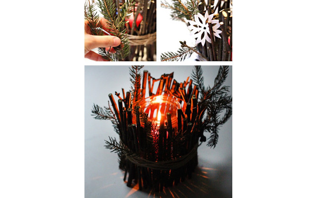 Weihnachsdeko basteln: Kerzenglas mit Zweigen