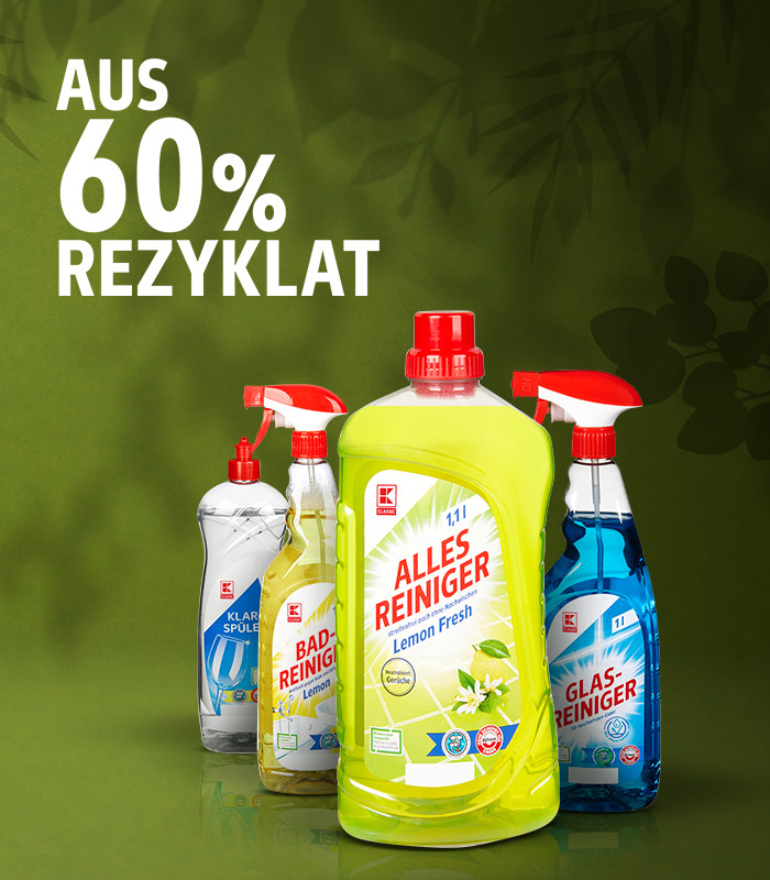 Die Verpackung der Eigenmarken besteht aus bis zu 60% aus Rezyklat und verursacht damit weniger Plastikmüll.