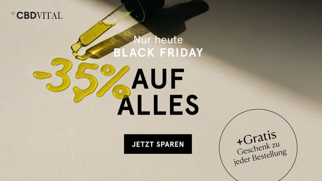 cbdvital_affiliate_BF2025_utopia_1920x1080px Schriftzug "Nur heute Black Friday -35% auf alles" mit einem Tropfenpipette, aus der gelbes Öl tropft, das die Zahl "-35%" auf einer hellen Oberfläche bildet. Zusätzlich steht in einem Kreis "+Gratis Geschenk zu jeder Bestellung". Ein schwarzer Button mit der Aufschrift "Jetzt sparen" ist ebenfalls zu sehen.