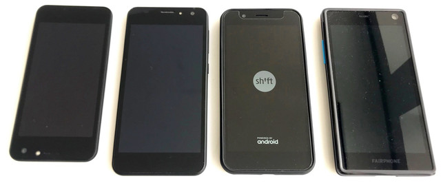 v.l.n.r.: Shift 4, Shift 5, Shift 5me, Fairphone 2 Größenvergleich v.l.n.r.: Shift 4, 5, 5me und Fairphone 2
