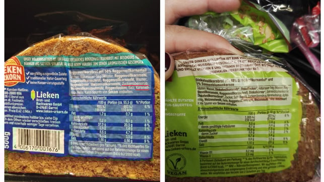Vollkornbrote aus dem Supermarkt können gefärbt sein. Auf einigen Vollkornbroten steht "Karamellsiurp" und "Zuckerrübensirup" auf der Zutatenliste.