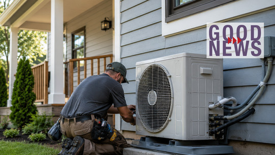 waarempumpen-usa-ld Ein Techniker kniet vor einer Außeneinheit einer Klimaanlage an der Hauswand und führt Wartungsarbeiten durch. Das Haus hat eine Veranda mit weißen Säulen und Holzgeländer. Im Hintergrund sind Bäume und Sträucher zu sehen. Auf der rechten Seite steht der Schriftzug „GOOD NEWS“.