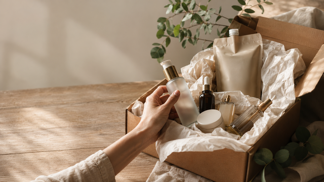 beauty-online-bestellung-hero Hand, die eine durchsichtige Kosmetikflasche mit Pumpspender aus einem offenen Karton mit verschiedenen Kosmetikprodukten hält, darunter ein braunes Pipettenfläschchen, ein Cremebehälter, ein Sprayflakon und eine Nachfüllpackung, alles auf einem Holztisch mit weichem Tageslicht und grünen Blättern im Hintergrund.