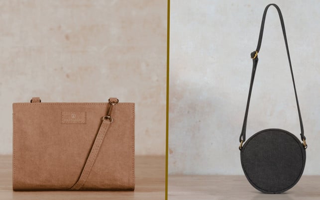 vegane-handtaschen-lian-anni-nordlicht-220503-1280x800-1 Vegane Handtaschen aus Kraftpapier (links) und aus Bio-Baumwolle (rechts).