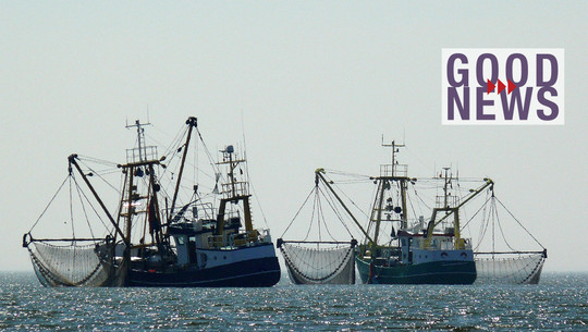 Gericht verbietet Grundschleppnetz-Fischerei in Meeresschutzgebieten Zwei Fischkutter mit ausgelegten Fangnetzen auf ruhigem Wasser unter klarem Himmel. Rechts oben befindet sich ein Schriftzug mit dem Text „GOOD NEWS“ in lila und roten Pfeilen.