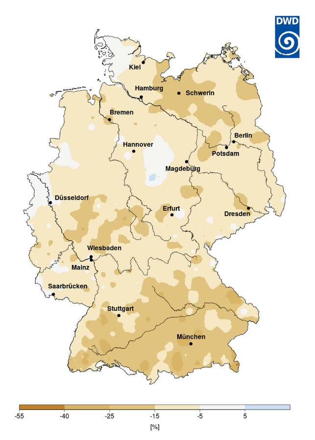 das-bild-zeigt-die-veraenderung-der-wahrscheinlichk-httpswwwdwddedepressepressemitteilungende-231215_download Das Bild zeigt die Veränderung der Wahrscheinlichkeit für weiße Weihnachten (Schneedecke an allen drei Tagen) in Prozent zwischen den langjährigen Mittelwerten 1961-1990 und 1991-2020.