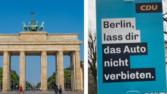 Brandenburger Tor in Berlin und Wahlplakat der CDU 2023