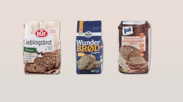 Brotbackmischungen im Test bei Öko-Test Drei Brotbackmischungen: "RUF Lieblingsbrot Kürbiskern", "Bauck Mühle Wunderbrød Original" und "ja! Sonnenblumenbrot"