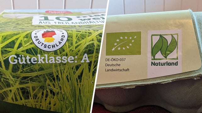eier-code-karton1-bw-240319-1280x720 Links im Bild: Eier im Supermarkt sind immer Güteklasse A / rechts im Bild: Bio- und Naturland-Siegel