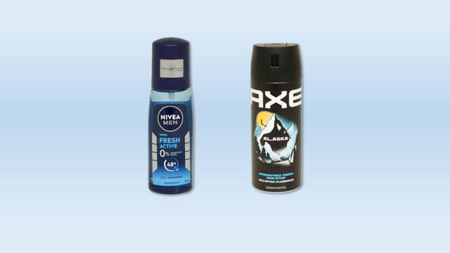 maennerdeo-marken-oekotest-260623 Aluminiumfreie Deos für Männer bei Öko-Test: links Nivea Men Fresh Active, rechts Axe Alaska Deodorant Bodyspray