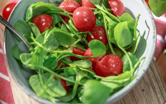 Winterpostelein mit Kirschtomaten und Orangen Balsamico Winterportulak kannst du als Salat zubereiten.