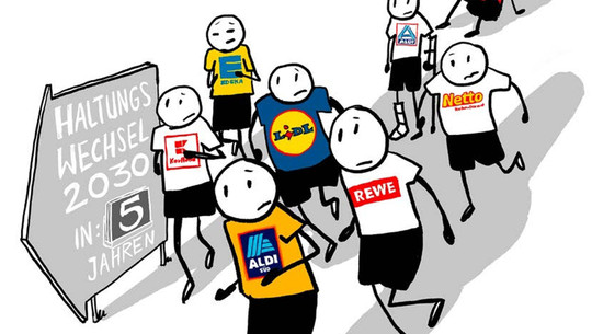 Aldi, Lidl oder Edeka: Wer achtet am meisten aufs Tierwohl? Analyse liefert Antwort Strichmännchen mit T-Shirts der Supermarktketten Kaufland, Edeka, Lidl, Aldi Süd, Rewe, Aldi Nord, Netto und Penny schauen besorgt auf ein Schild mit der Aufschrift „Haltungswechsel 2030 in: 5 Jahren“.