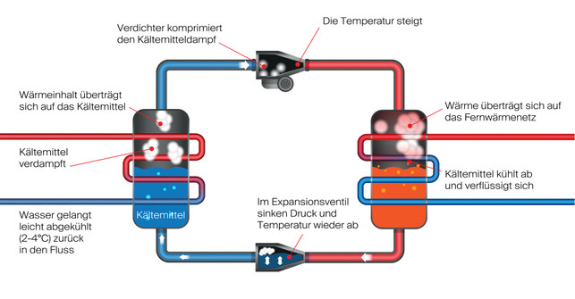 Grafik: So funktioniert die in Köln geplante Flusswasser-Wärmepumpe Grafik: So funktioniert die in Köln geplante Flusswasser-Wärmepumpe