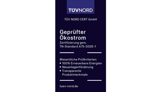 TÜV-NORD-Siegel „Geprüfter Ökostrom“ A75-S026-1 TÜV-NORD-Siegel „Geprüfter Ökostrom“ A75-S026-1
