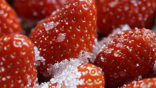 ist Fruchtzucker wirklich gesünder als Haushaltszucker? Nahaufnahme von roten Erdbeeren, die mit grobkörnigem Zucker bestreut sind.
