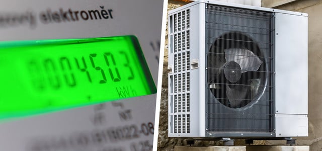 Dynamische Stromtarife für die Wärmepumpe: Lohnt sich das? (Fotos: © Colourbox.de) Links ist ein digitaler Stromzähler mit grün beleuchtetem Display. Rechts ist eine Außeneinheit einer Wärmepumpe mit großem Lüfter hinter einem Schutzgitter.