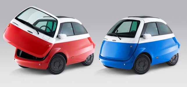 Elektroauto Microlino – Elektro-Isetta & Knutschkugel Der Microlino soll in fünf Farben kommen: blau/weiss, rot/weiss, orange/weiss, mint/weiss, grau/weiss, weiss einfarbig und schwarz einfarbig.