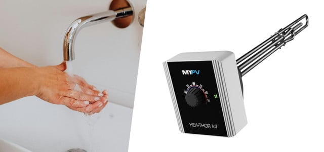 Links sind Hände unter einem Wasserhahn, rechts ein elektrischer Heizstab