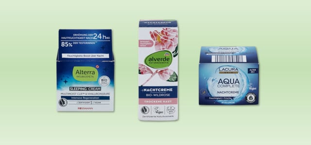 Öko-Test: Wie viel muss ich für eine gute Nachtcreme zahlen? (Foto: Öko-Test) Drei Nachtcreme-Verpackungen von Alterra (Rossmann), Alverde (dm) und Lacura (Aldi)