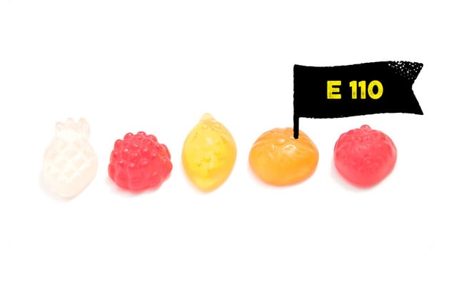 E-Nummern: E110 (Gelborange S) kommt als Farbstoff z.B. in Weingummi vor E-Nummern: E110 (Gelborange S) kommt als Farbstoff z.B. in Weingummi vor