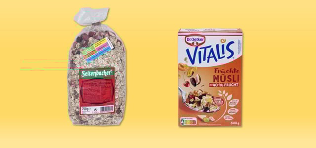 Früchtemüsli-Test: Seitenbacher, Vitalis und weitere Marken fallen bei Öko-Test durch (Fotos: Öko-Test) Früchtemüslis bei Öko-Test: Seitenbacher und Vitalis von Dr. Oetker