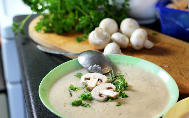 Fresh mushroom champignon soup prepared in blender An Weihnachten kannst du eine Champignonsuppe als Vorspeise servieren.