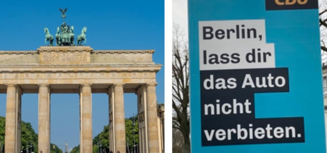 Brandenburger Tor in Berlin und Wahlplakat der CDU 2023