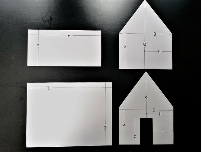 dav Schablonen: Dach unten links; Wand oben links; Rückwand oben rechts; Eingang unten rechts.