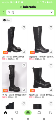 hast-du-ueber-eine-bildsuche-einen-schwarzen-stiefe-screenshot-faircado-app-251128_download Hast du über eine Bildsuche einen schwarzen Stiefel gefunden, kannst du danach bespielsweise noch nach Material filtern oder die Farbe ändern.