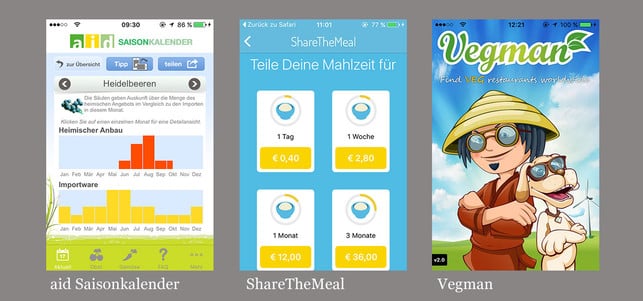 Grüne Apps:  Saisonkalender, ShareTheMeal, Vegman Die besten Apps: Saisonkalender, ShareTheMeal, Vegman