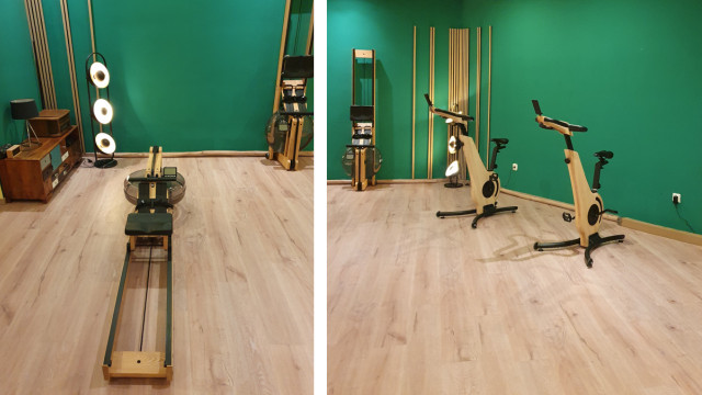 The rowing machine (left) and the speed bikes (right) run without electricity and are mostly made of wood.