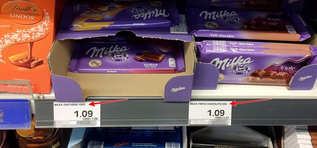 Milka-Tafel: ein Preis, verschiedene Füllmengen pro 'Tafel' Milka-Tafel: ein Preis, verschiedene Füllmengen pro 'Tafel'