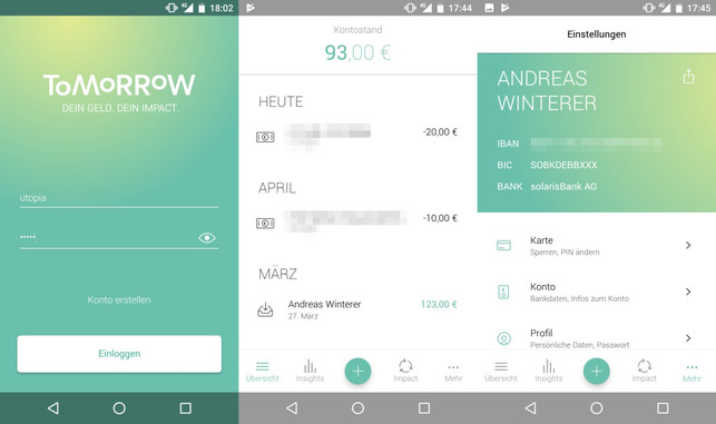 Tomorrow App 3 Screenshots nebeneinander: die Tomorrow-App informiert über Kontostand und Buchungen und verwaltet die Debitkarte