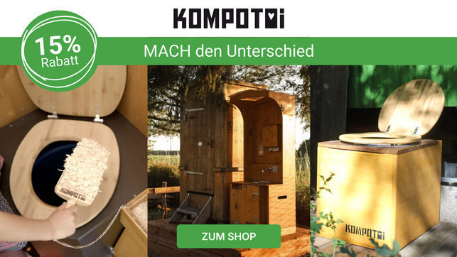 BlackFriday2025-UtopiaGrenDealRadar2025-Kompotoi Holz-Komposttoiletten in verschiedenen Ausführungen, beworben mit 15 % Rabatt und dem Slogan „MACH den Unterschied“. Im Zentrum steht eine Komposttoilette mit integriertem Waschbecken, links eine geöffnete Toilette mit Holzspänen und rechts eine einfache Holzkiste mit Toilettensitz. Ein grüner Button mit der Aufschrift „ZUM SHOP“ ist ebenfalls sichtbar.