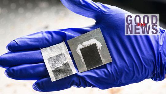 Neue Technologie: Schwarzes Metall macht Meerwasser trinkbar – und gewinnt dabei wertvollen Rohstoff Hand mit blauem Handschuh hält zwei kleine quadratische Objekte, eines aus Metall mit weißem Pulverrand, das andere aus Stoff mit dunklem Muster. Im Hintergrund unscharf, rechts oben Schriftzug „GOOD NEWS“.