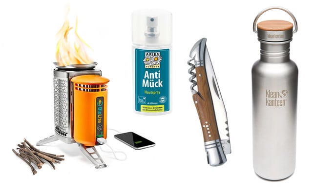Outdoor-Zubehör Wichtiger Camping-Zubehör: ein mobiler Herd, Anti-Mückenspray, Taschenmesser und Trinkflasche