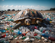 Schildkröte auf Plastikmüll