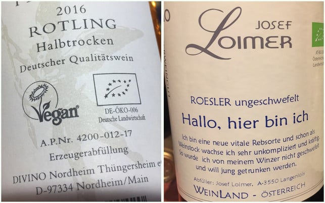 Biowein vegan ungeschwefelt Links die Veganblume auf Biowein, rechts ein ungeschwefelter Biowein