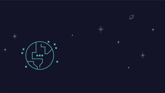 planetWIR_Coverbild_Utopia Eine stilisierte Darstellung der Erde in Türkis mit vereinfachten Konturen und kleinen Quadraten drumherum, auf einem dunkelblauen Hintergrund mit weißen Sternen und einem Planeten mit Ringen.