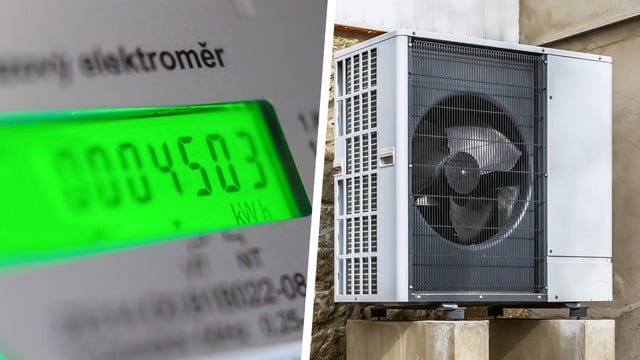 Dynamische Stromtarife für die Wärmepumpe? Links ist ein digitaler Stromzähler mit grün beleuchtetem Display. Rechts ist eine Außeneinheit einer Wärmepumpe mit großem Lüfter hinter einem Schutzgitter.