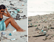 Plastikverschmutzung am Strand in Bali