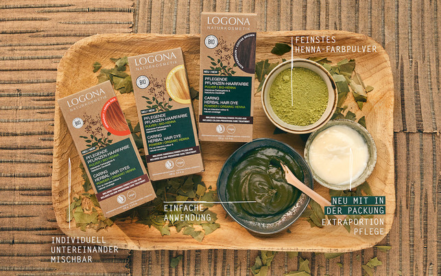 Logona_Produkte Die neue innovative Naturhaarfarbe von LOGONA besteht aus Pulver und Pflegekur.
