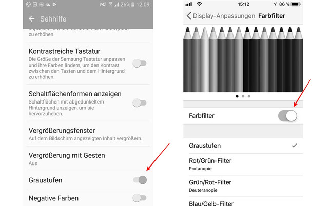 Smartphone-Sucht / Handy-Sucht Smartphone-Sucht / Handy-Sucht: Handy auf grau stellen – links Android, rechts iPhone